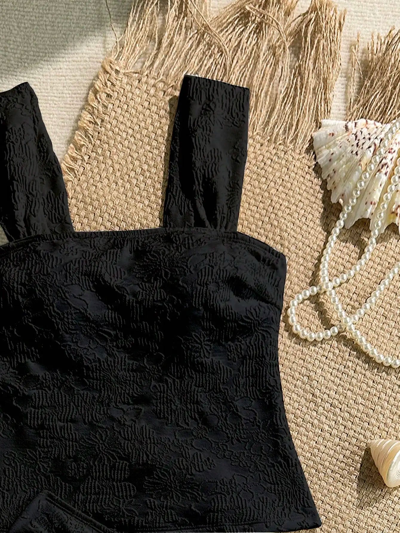 Black Jacquard Textured 2 Piece Women Beach Swimsuit Set