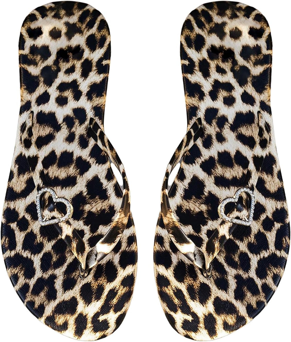 Women'S Leopard Print Flip Flop Sandals Rhinestone Heart Decor Vacation Casual Cheetah Thong Sandal