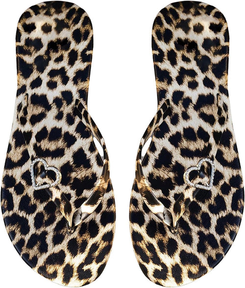 Women'S Leopard Print Flip Flop Sandals Rhinestone Heart Decor Vacation Casual Cheetah Thong Sandal