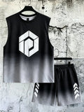 Men's Gradient Geometric Print Sleeveless Tank & Shorts Set, Loose Comfort Sports Outfit