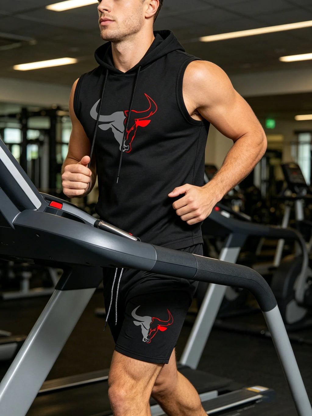Men's 2 Piece Black Sleeveless Hooded Vest & Shorts Set, Bull Print Gym Tracksuit, Breathable Spring Summer Workout Fitness Wear