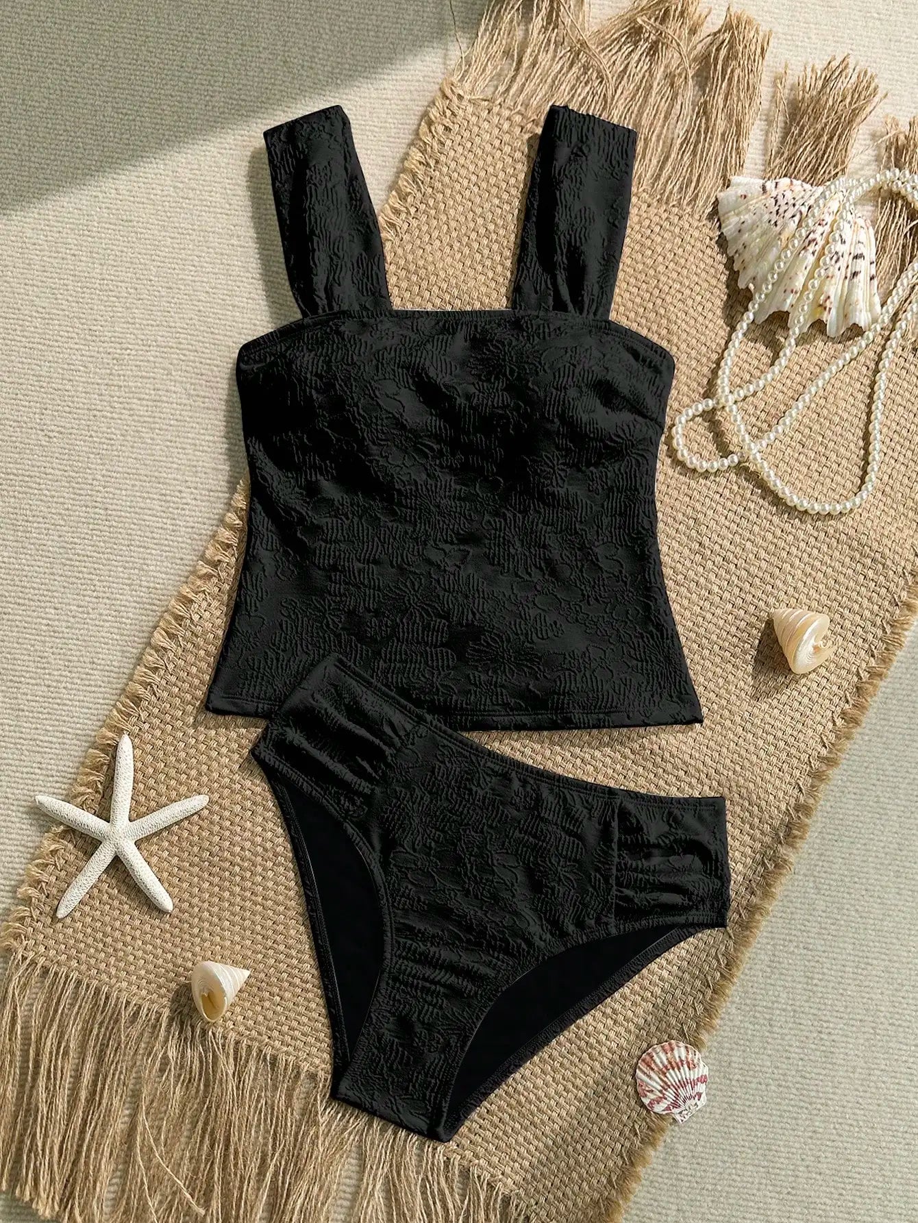 Black Jacquard Textured 2 Piece Women Beach Swimsuit Set