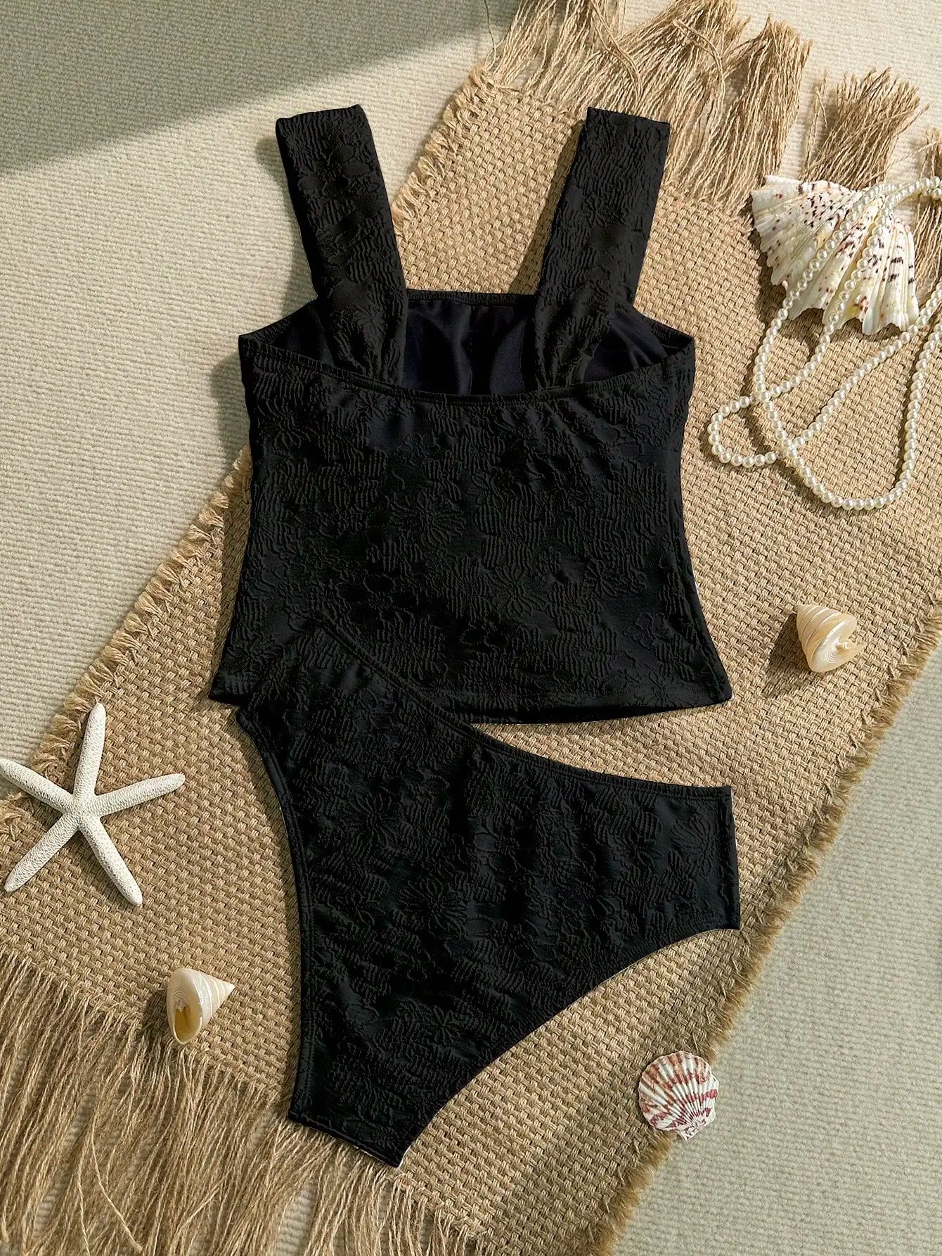 Black Jacquard Textured 2 Piece Women Beach Swimsuit Set