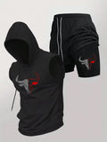 Men's 2 Piece Black Sleeveless Hooded Vest & Shorts Set, Bull Print Gym Tracksuit, Breathable Spring Summer Workout Fitness Wear